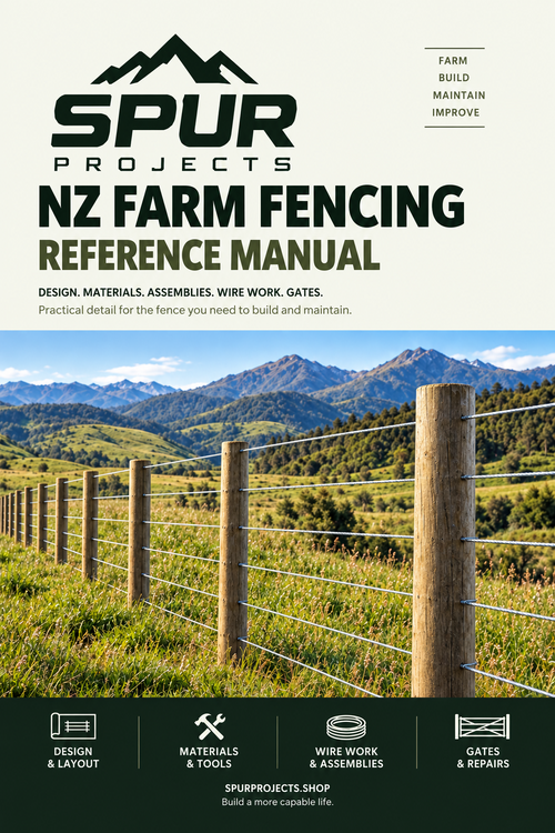 Actual cover of the 89 page NZ Farm Fencing Reference Manual by Spur Projects.